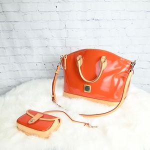 Dooney & Bourke Orange Genuine Patent Leather Satchel w/ Crossbody Strap & Pouch